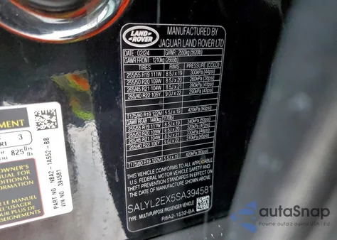 2025 Land Rover Range Rover Velar Dynamic Se z USA, uszkodzony, nr VIN SALYL2EX5SA394581